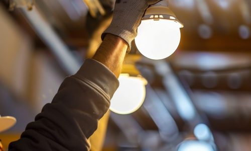 Worker installing a light bulb in an industrial setting, wearing gloves for safety. Close-up shot highlighting the hand and the light fixture.